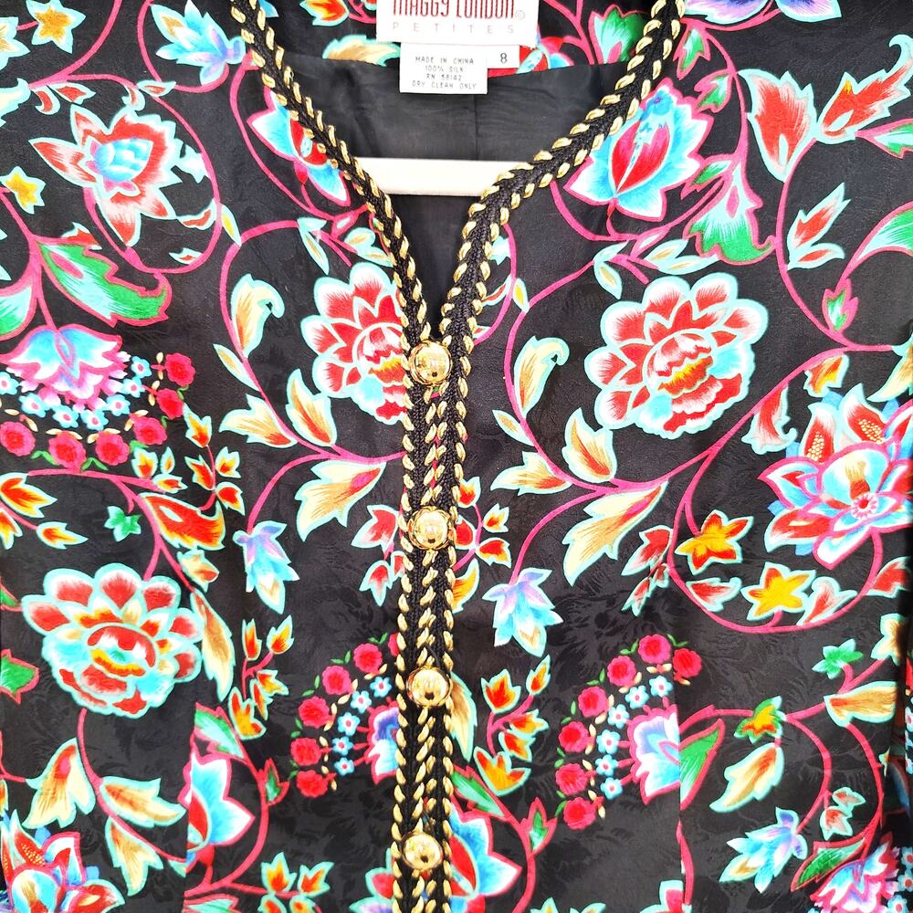 Vintage Maggy London Womens 8 Blazer Jacket Silk Multicolor Floral Bright 80s - Picture 10 of 13